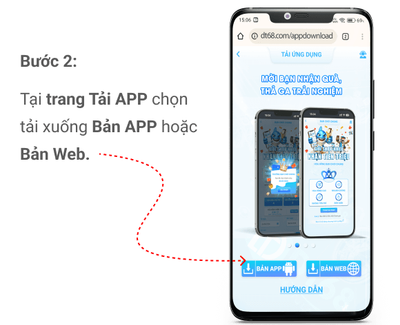 Ảnh chụp màn hình trang tải app DT68 với nút bản APP Android